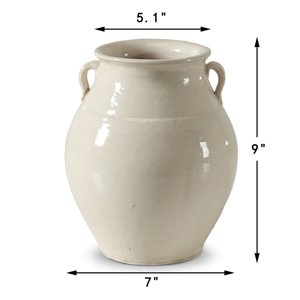 Approx. 9" Off White Glazed Ceramic Vase with Two Decorative Handles(5.1" Opening)