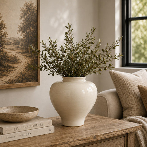 Approx. 13 Inches High Off-White Glazed Ceramic Vase Tapered Down image 2