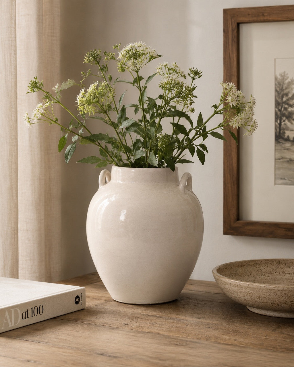 Approx. 9" H Off White Ceramic Vase with Two Handles