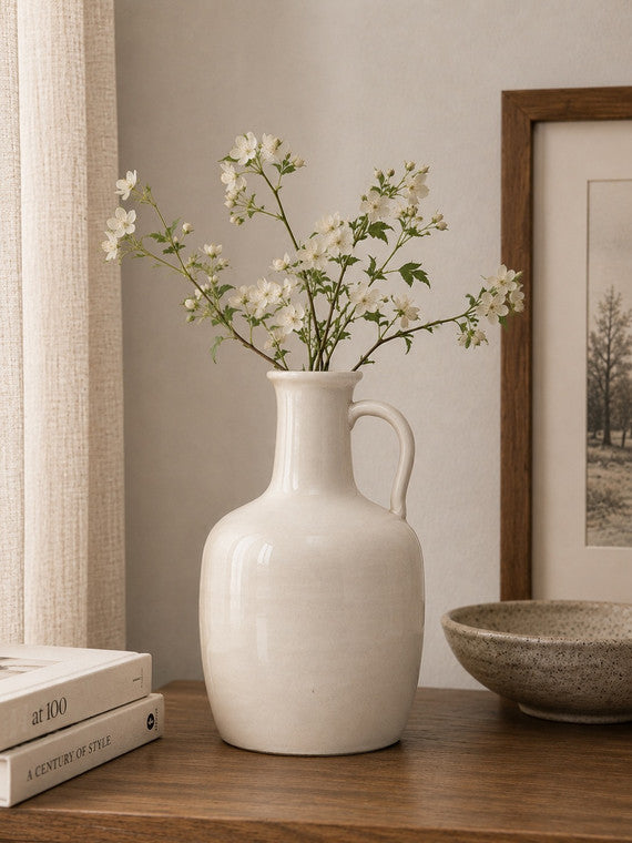 Approx. 10" H Off White Ceramic Bottle Vase with One Decorative Handle image 3