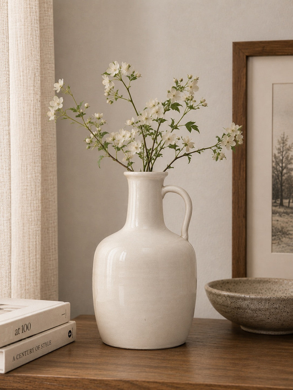 Approx. 10" H Off White Ceramic Bottle Vase with One Decorative Handle