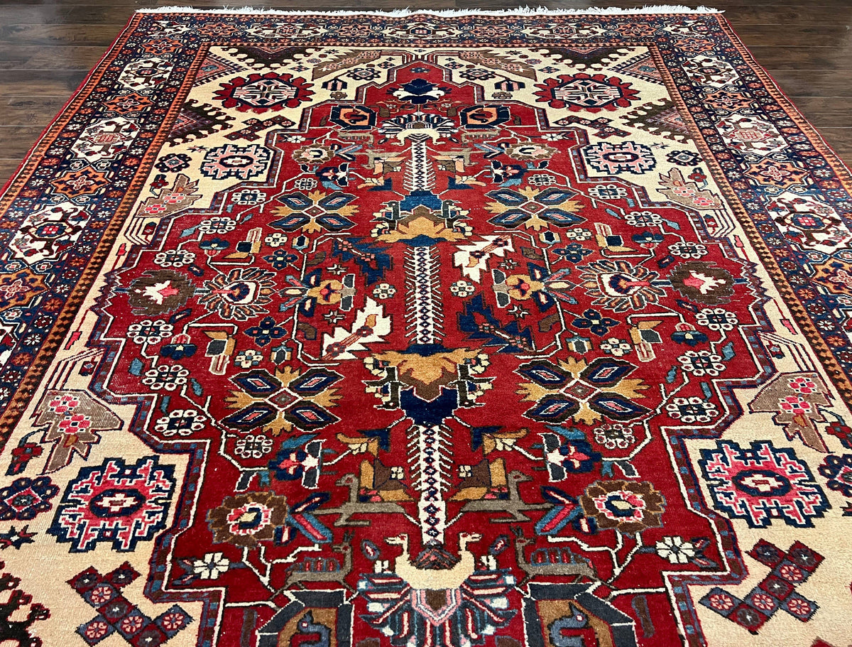 Antique Persian Heriz Rug 8x12 ft, Geometric Tribal Room Sized Carpet, Camel Hair Red Navy Blue, Wool Hand Knotted Medallion Oriental Carpet - Jewel Rugs, view 4