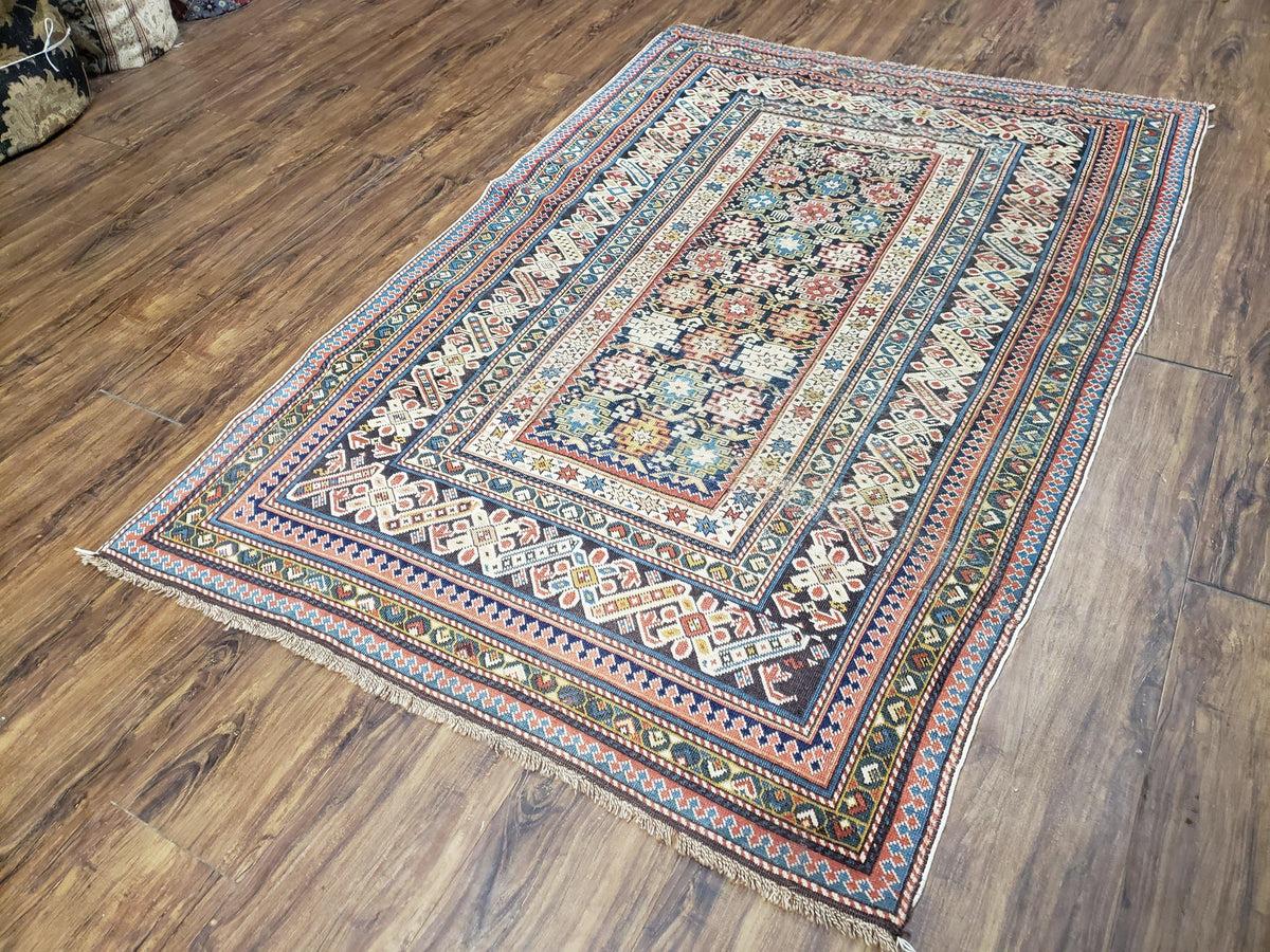 Caucasian Rug 3'9" x 5'7", Antique 1920s Collectible Caucasian Chi Chi Carpet, Hand Knotted, Colorful, Dark Blue Cream Red, Wool, Small Rug - Jewel Rugs, view 3