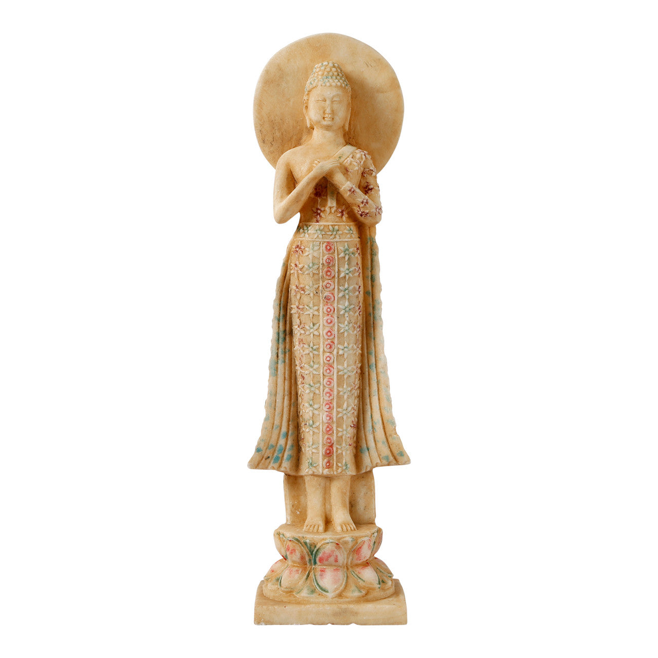 Colored White Marble Standing Buddha with Backlight, Vintage Finish