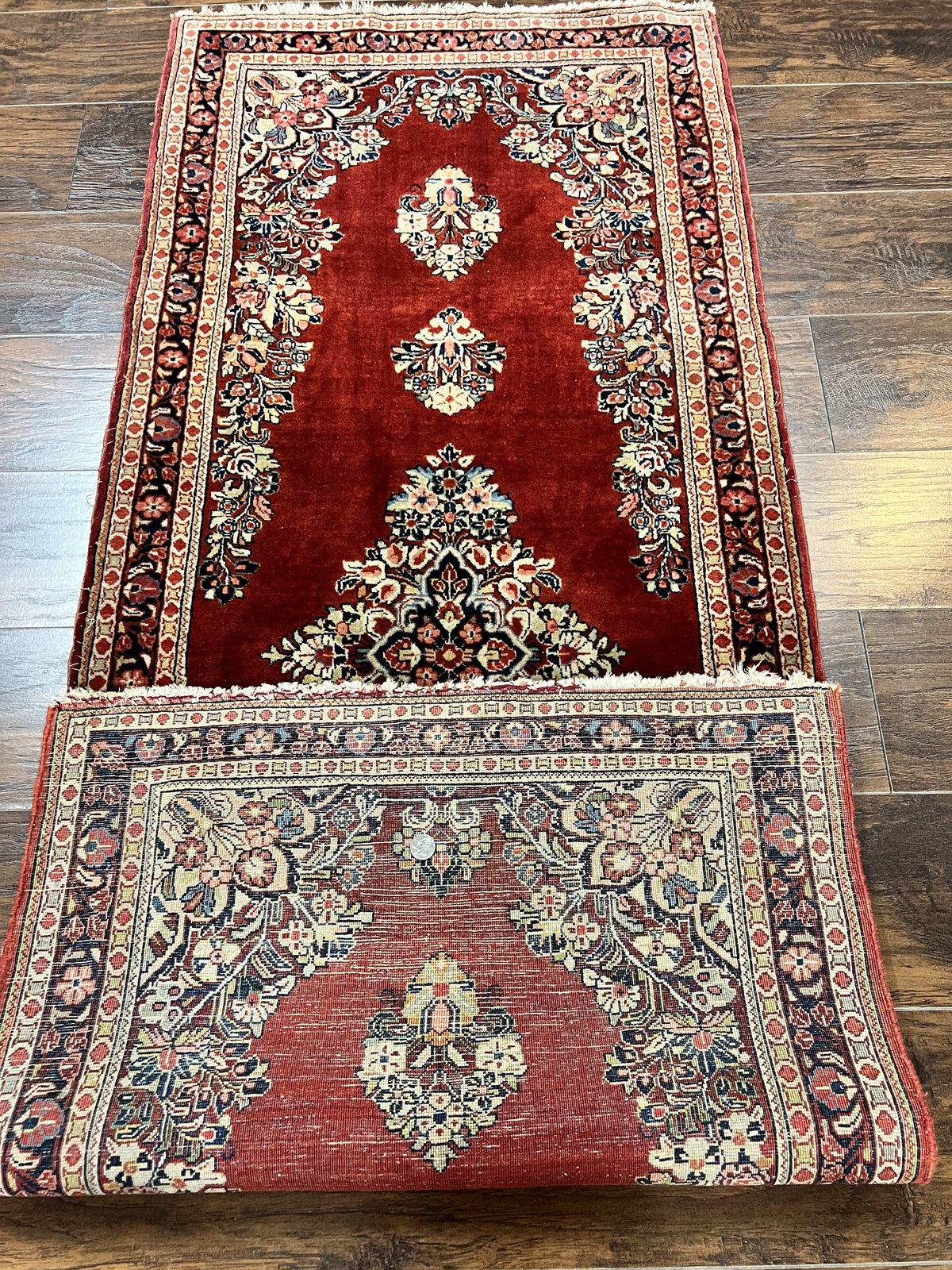 Persian Sarouk Runner Rug 2.7 x 6, Semi Open Field, Red, Handmade Hand Knotted, Wool Oriental Carpet, Vintage Semi Antique - Jewel Rugs, view 12