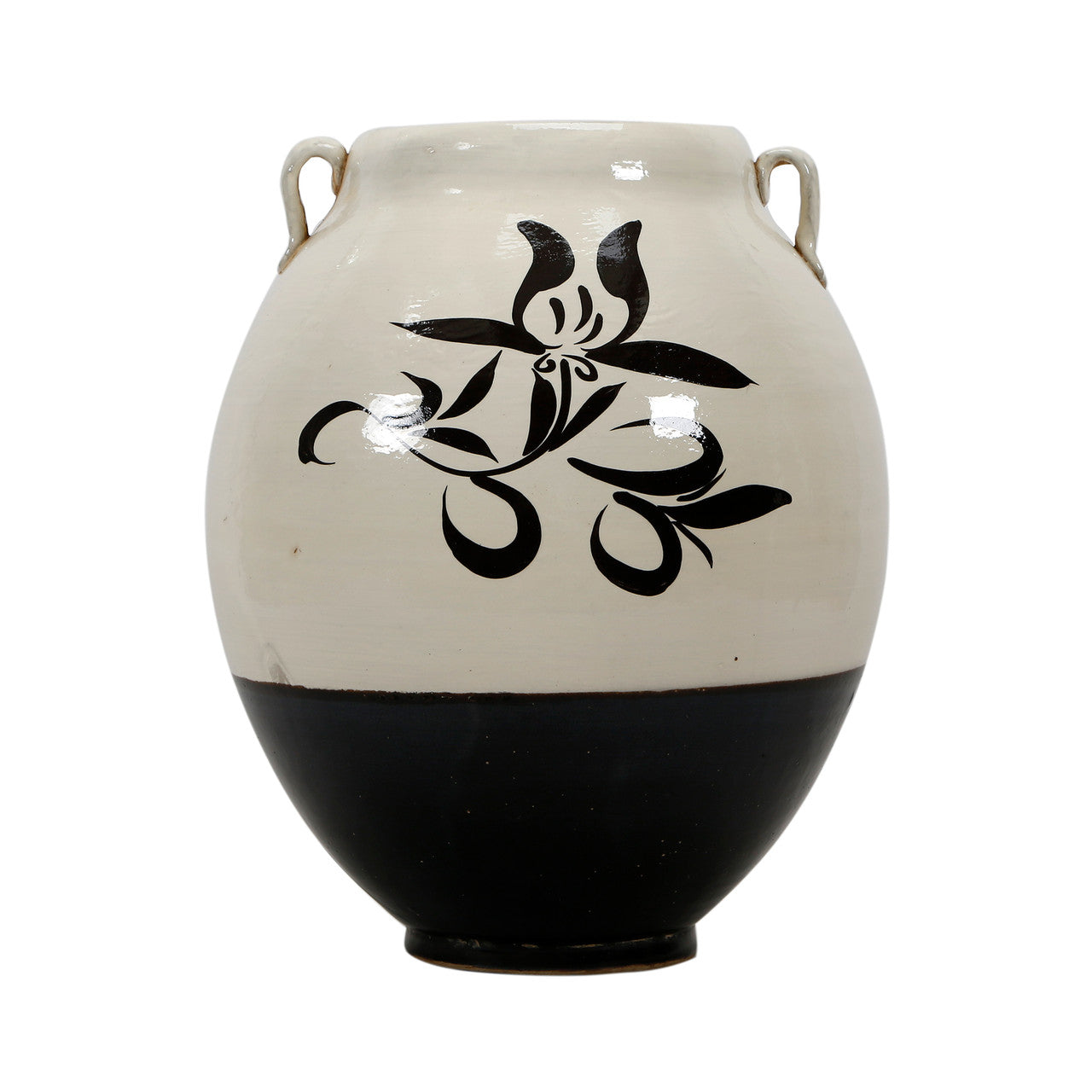 White & Black Glazed Vase With Two Handles