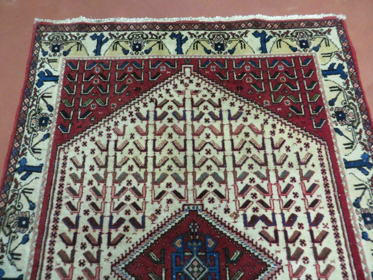 3' X 5' Vintage Handmade India Geometric Oriental Wool Rug Nice Birds Ivory Red - Jewel Rugs, view 4