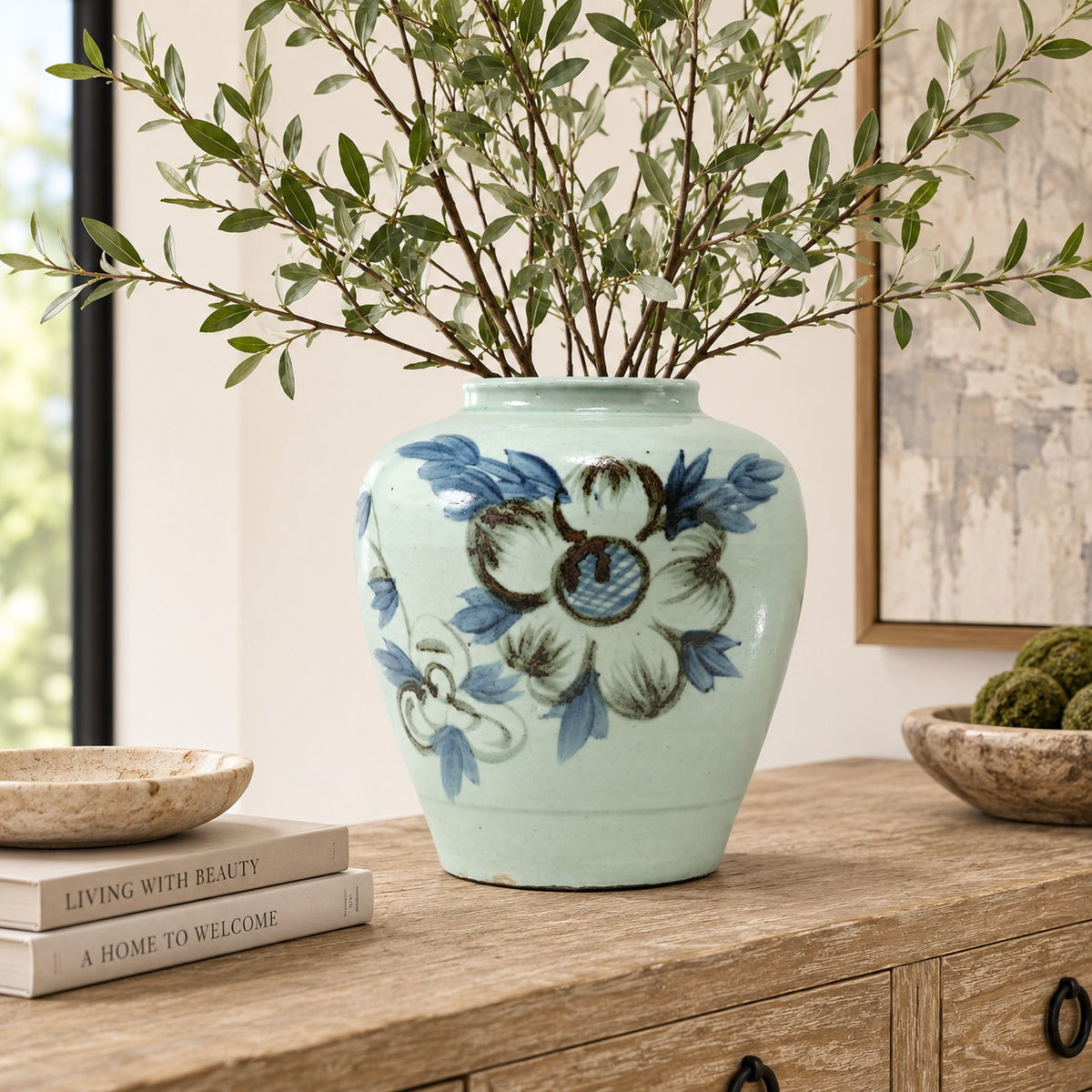 Approx. 11" High Blue and White Vase with Sunflower Motif (5"opening)