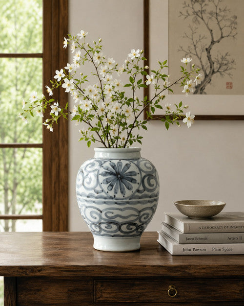 Approx.11 Inches Subtle Blue and White Vase with Flower Motif image 2