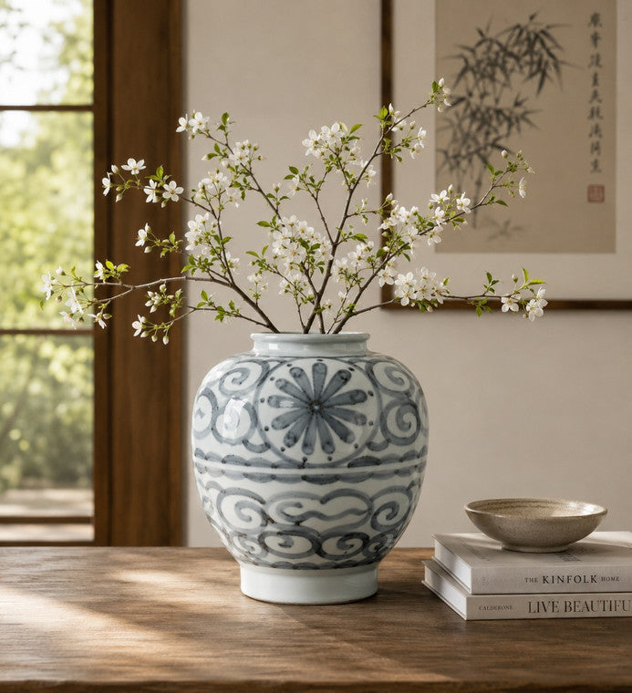 Approx.12 Inches Subtle Blue and White Vase with Floral Motif image 3