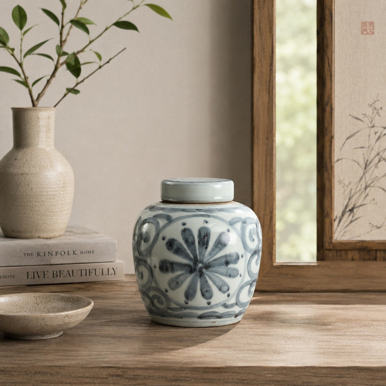 Approx.6 Inches Subtle Blue and White Round Jar with Floral Motif image 3