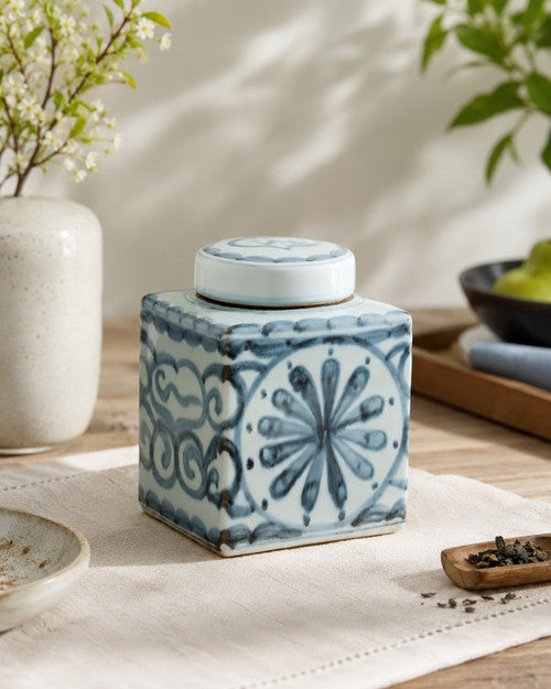 Approx.8 Inches Subtle Blue and White Square Jar with Floral Motif image 2