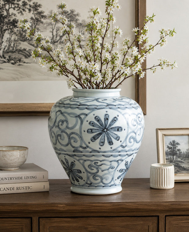 Approx. 14.6 Inches Subtle Blue and White Vase (7" Opening) with Floral Motif image 3