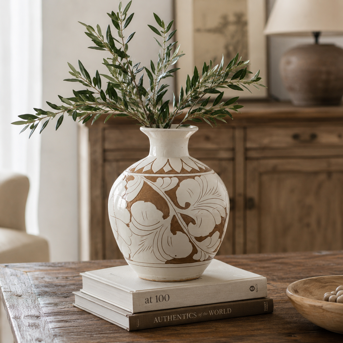 Amalfi Double Glazed Vase Small Openning with Flower Motif 10x10x12.6H