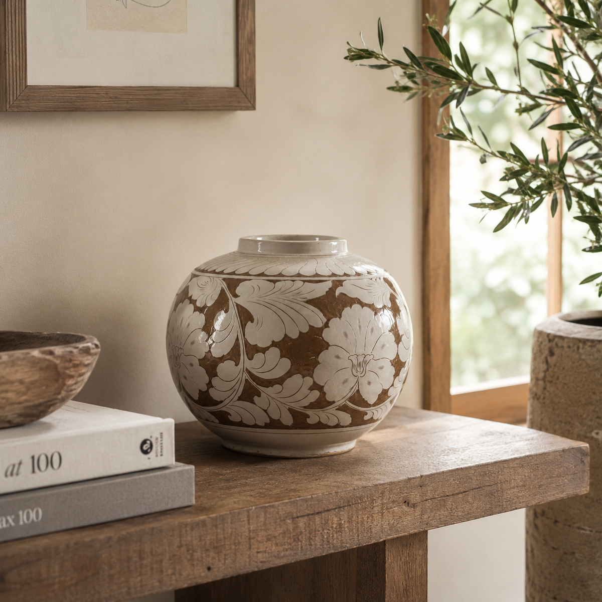 Amalfi Double Glazed Round Vase with Flower Motif 13x13x10.4H