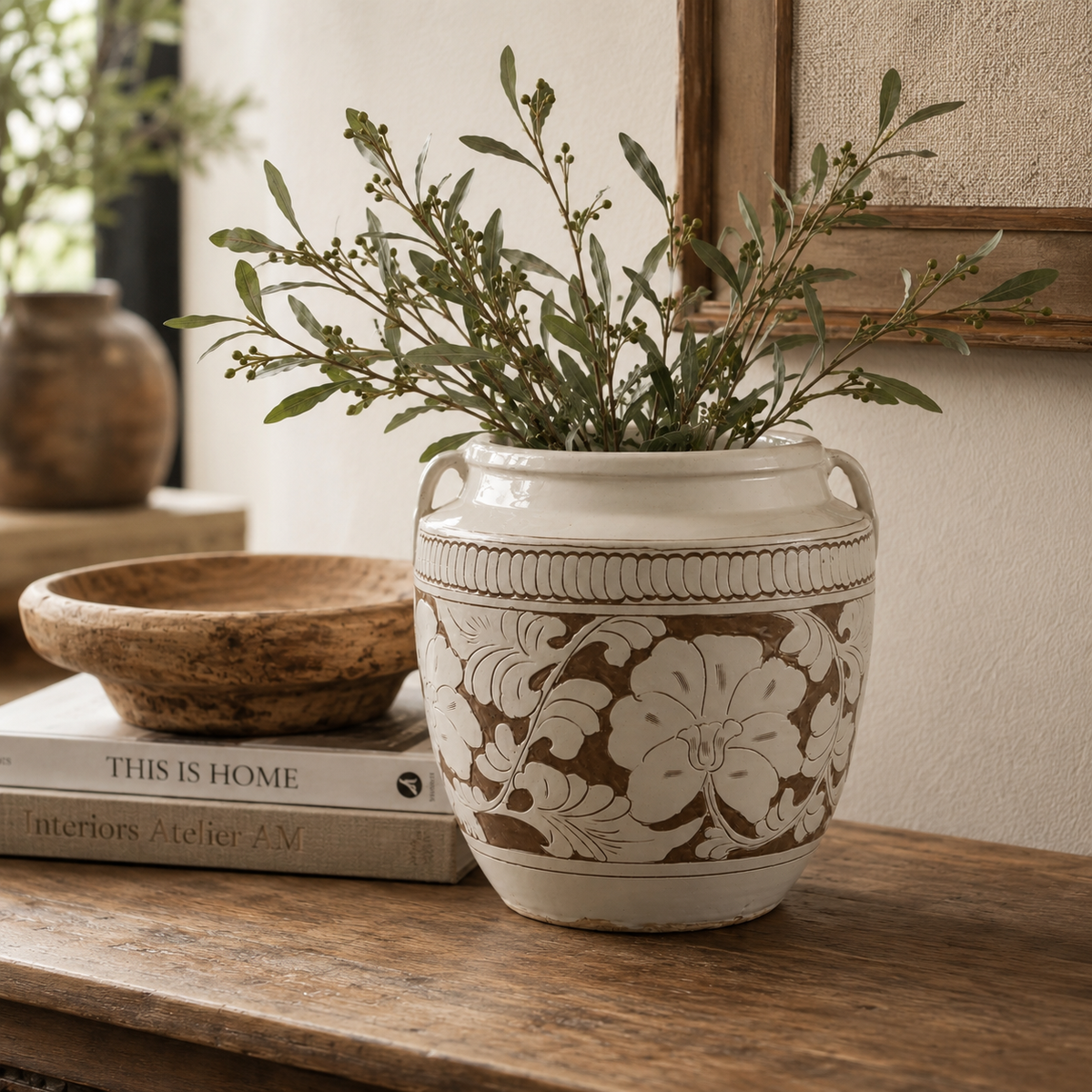 Amalfi Double Glazed Vase Large Opening with Flower Motif 10x10x10H
