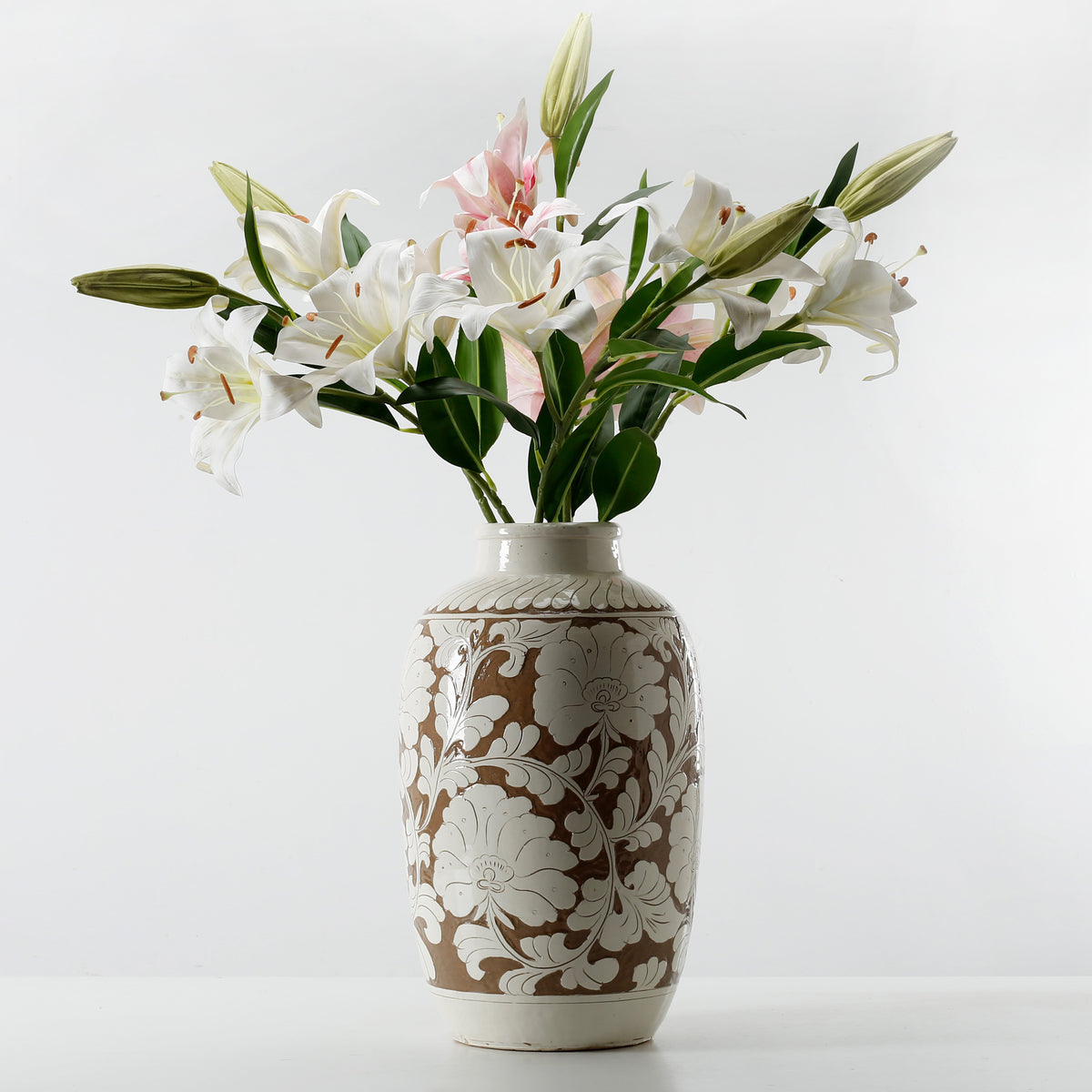 Amalfi Double Glazed Tall Vase with Flower Motif 10x10x17H
