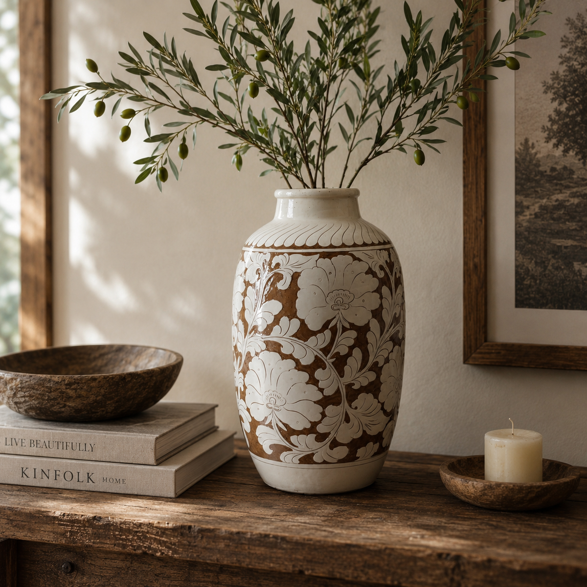 Amalfi Double Glazed Tall Vase with Flower Motif 10x10x17H