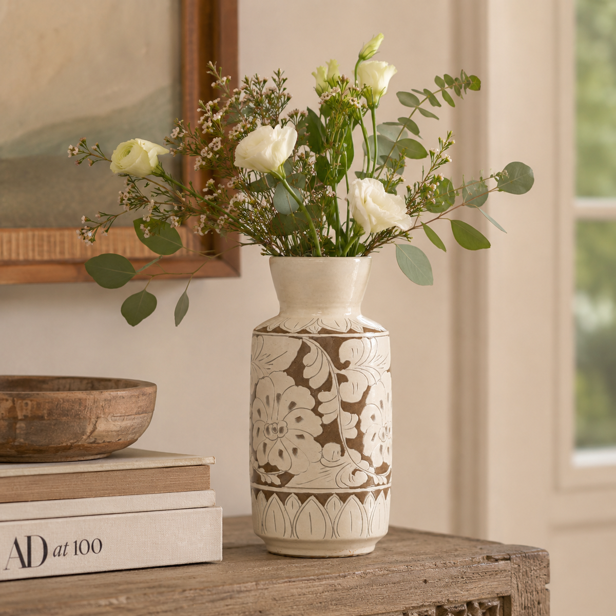 Approx. 15 Inches Amalfi Double Glazed Tall Vase with Flower Motif (5.1" Opening)