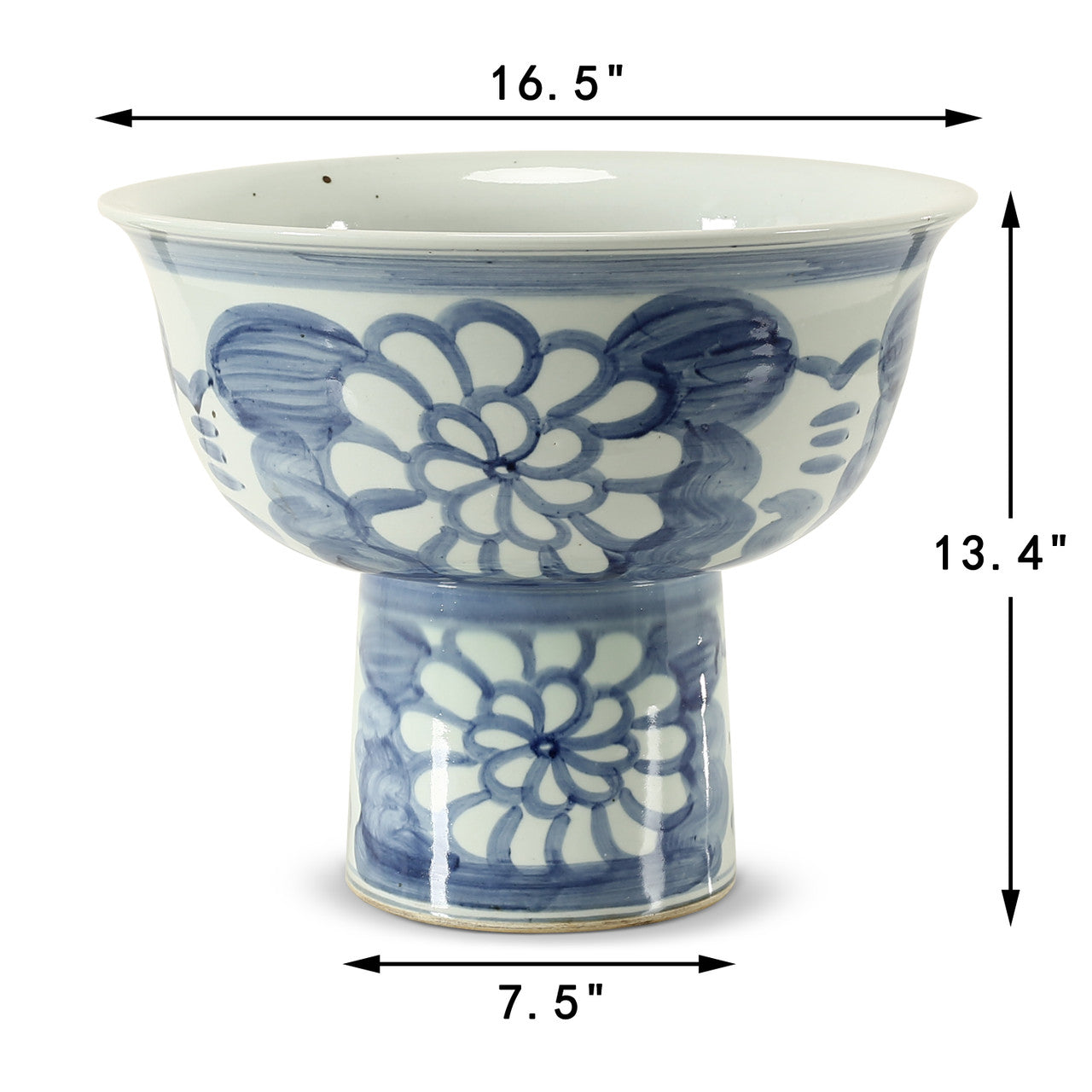 Hand Painted Blue and White Pedestal Bowl-16"W x13"H
