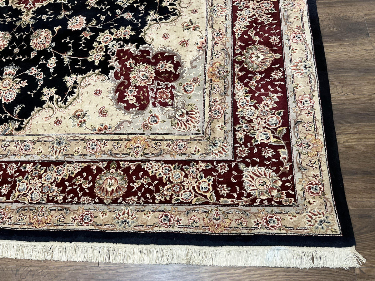 Pak Persian Rug 8.8 x 10.6, Floral Medallion, Wool and Silk Hand Knotted Fine Oriental Carpet, Elegant Rug, Black Gray Burgundy, Room Sized - Jewel Rugs, view 9