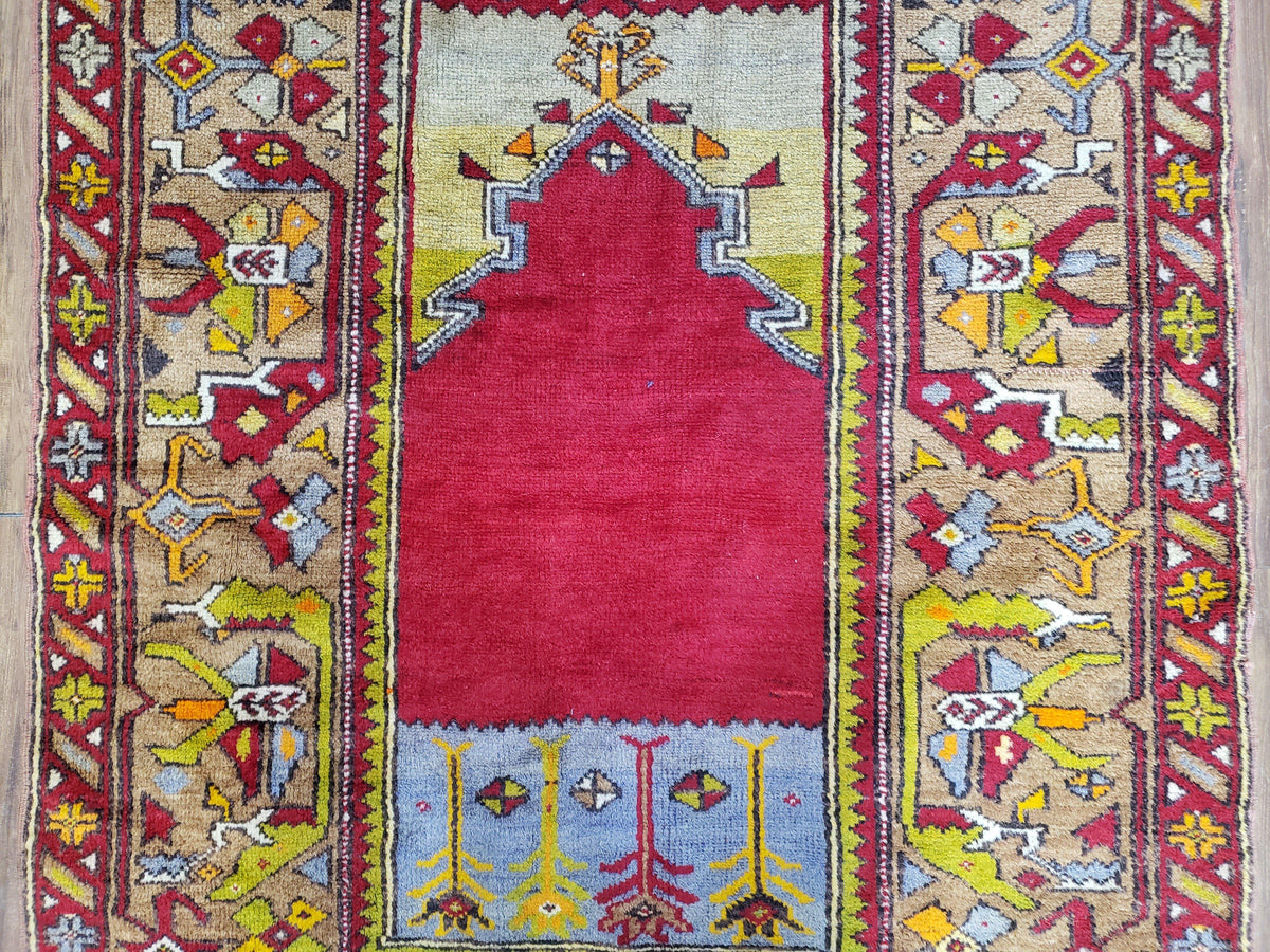 Antique Turkish Prayer Rug 3.8 x 5ft, Colorful Prayer Rug, Red Blue Gold Multicolor Turkish Anatolian Carpet, Handmade Hand-Knotted, Wool - Jewel Rugs, view 5