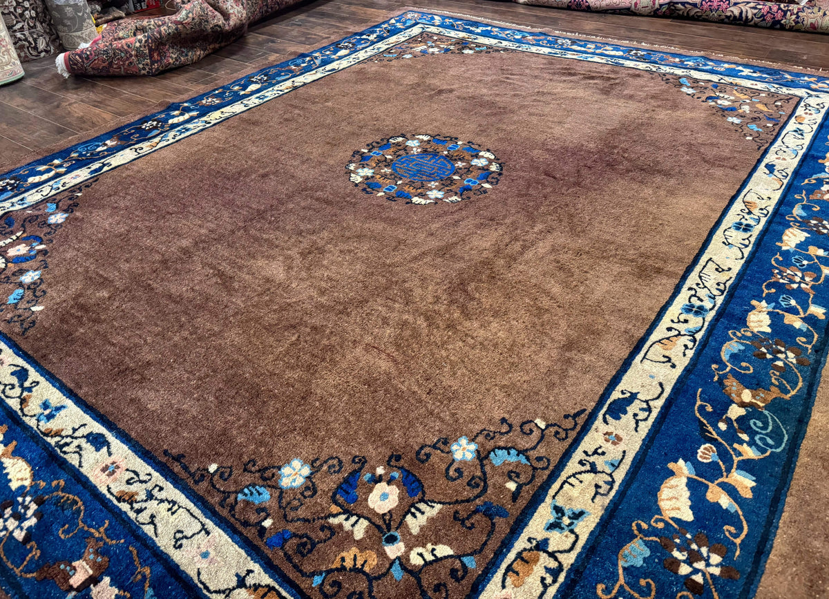 Antique Chinese Wool Rug 9x11, Large Chinese Art Deco Rug, Peking Rug, Brown and Blue, Open Field, Fete Rug - Jewel Rugs, view 3