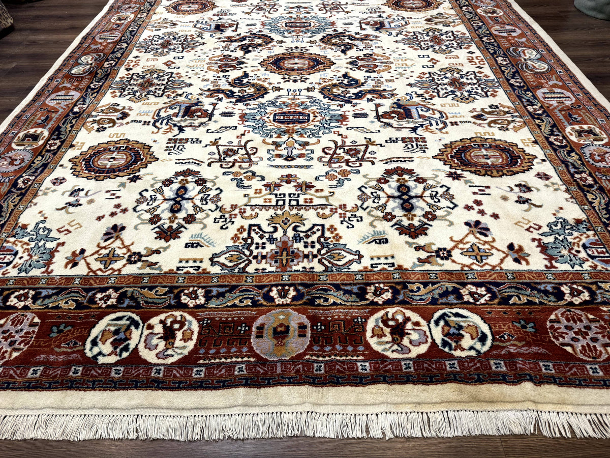 Indo Chinese Wool Rug 9x12, Ivory and Rust Red, Dragon Motifs - Jewel Rugs, view 6