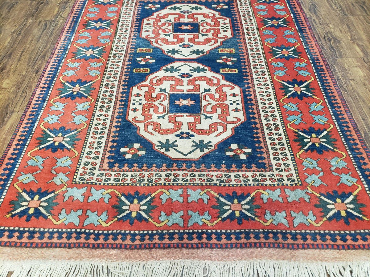 Turkish Kazak Rug 5x6 Vintage Handmade Wool Carpet Geometric Blue Red - Jewel Rugs, view 6