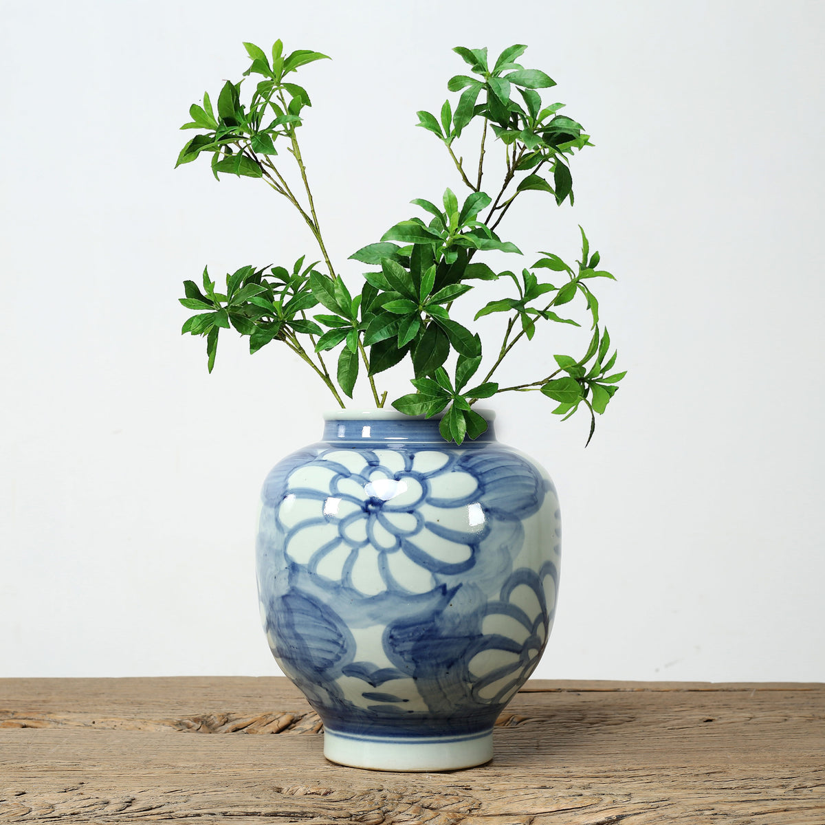 Approx.10" High Blue and White Vase with Floral Motif (5.1" Opening)