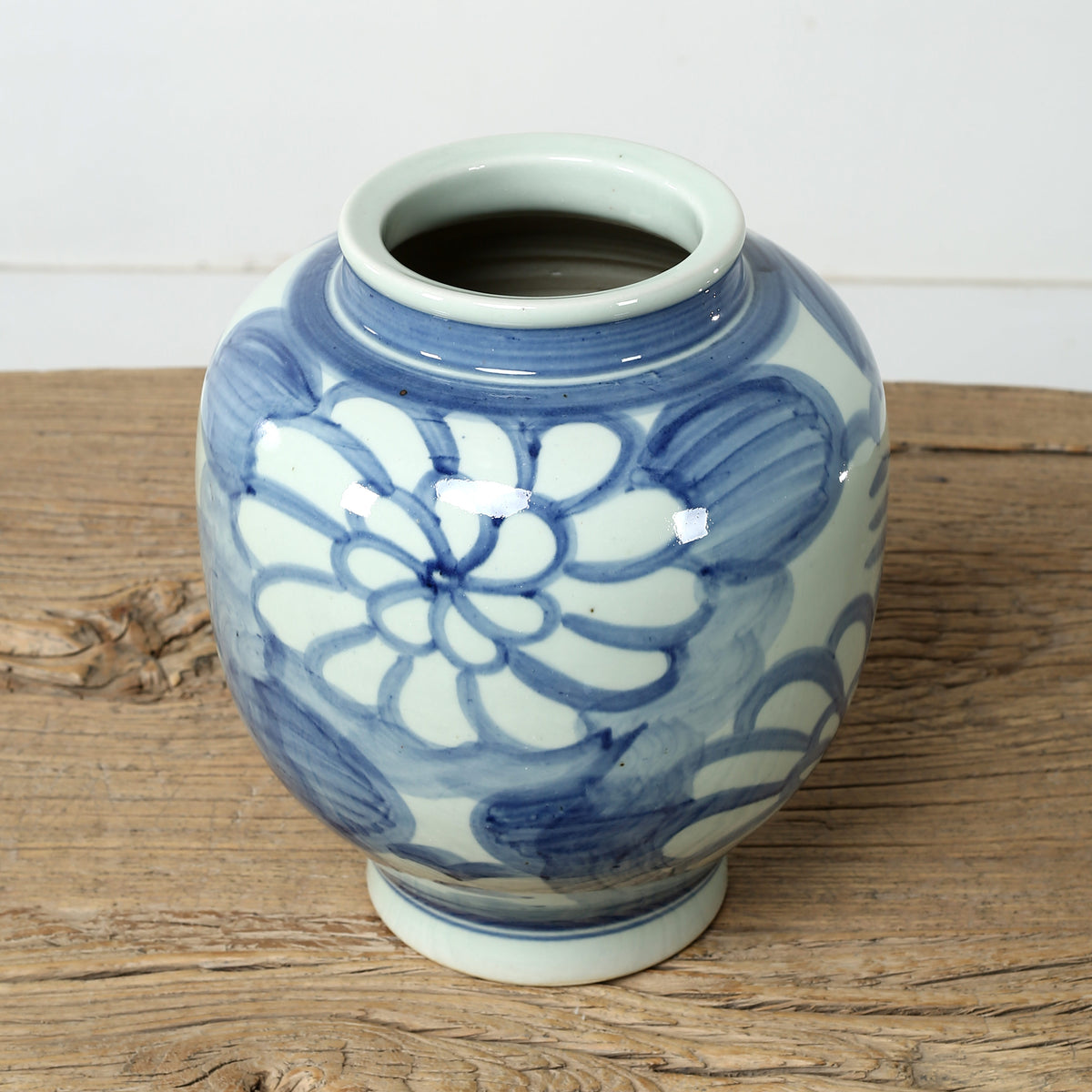 Approx.10" High Blue and White Vase with Floral Motif (5.1" Opening)