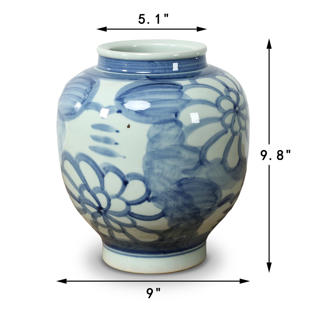 Approx.10" High Blue and White Vase with Floral Motif (5.1" Opening)