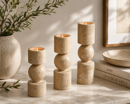Natural Travertine Stone Candle Holders Set of Three 8"/10" /11.8" High image 2