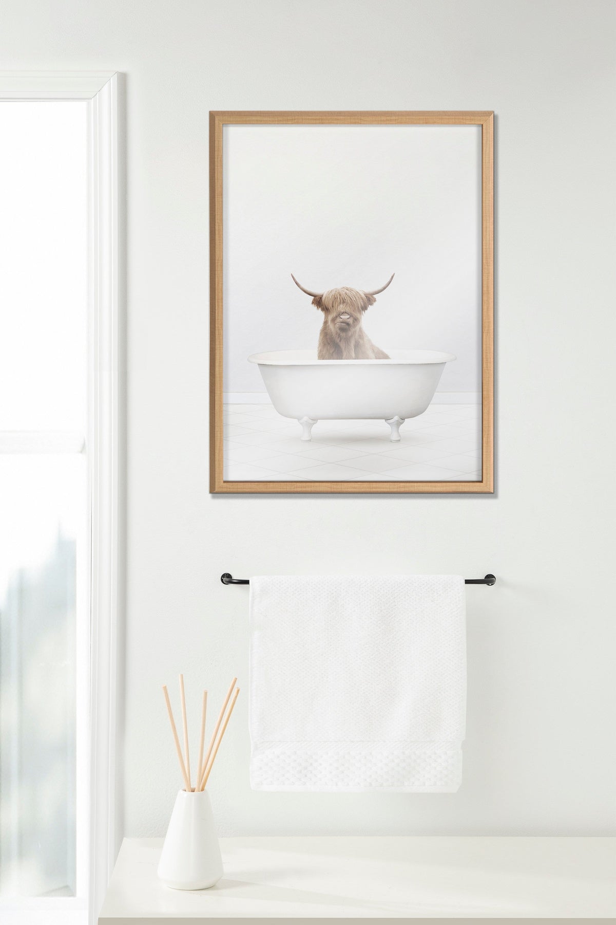 Blake Highland Cow Solo Bathtub Framed Printed Glass by Amy Peterson Art Studio