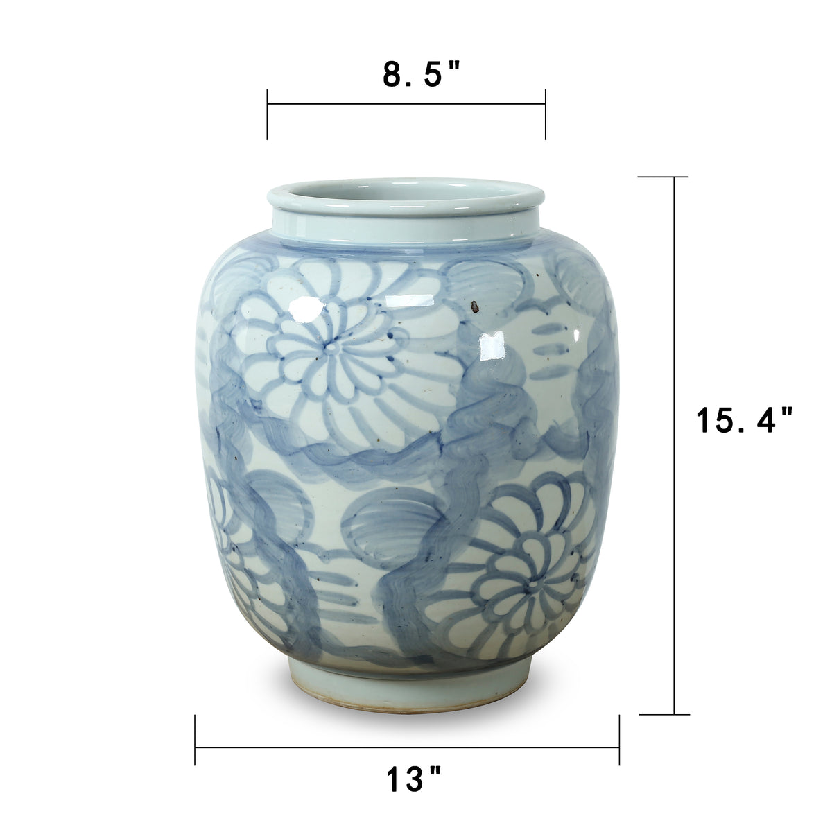 16" Tall Blue and White Vase with Flower Motifs