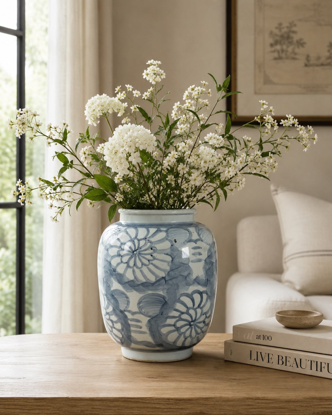 16" Tall Blue and White Vase with Flower Motifs