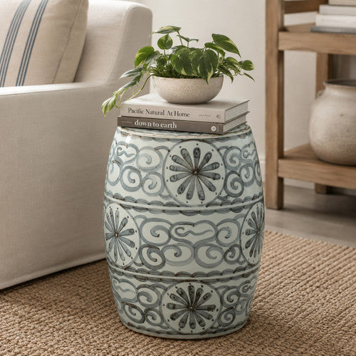 Approx. 17" High Vintage Blue and White Ceramic Garden Stool with Flower Motif image 2