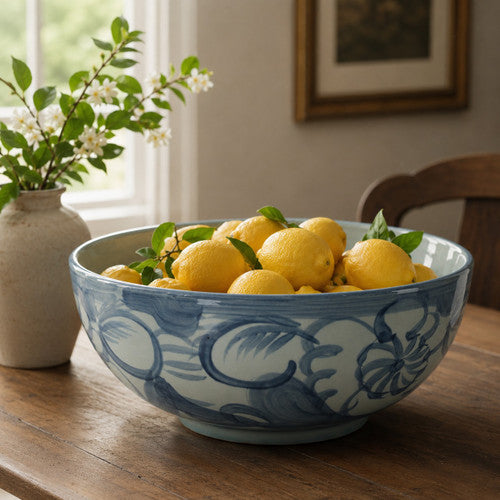 Approx. 16" Wide Blue and White Bowl with Flower Motif image 2