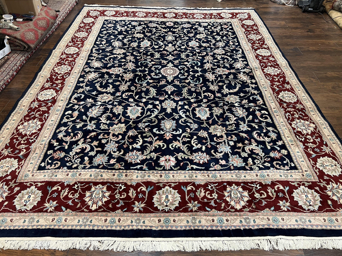 Indo Perisan Rug 9x12, Floral Allover, Midnight Blue and Dark Red Room Sized Carpet 9 x 12 ft, Hand Knotted Wool Vintage Indian Oriental Rug - Jewel Rugs