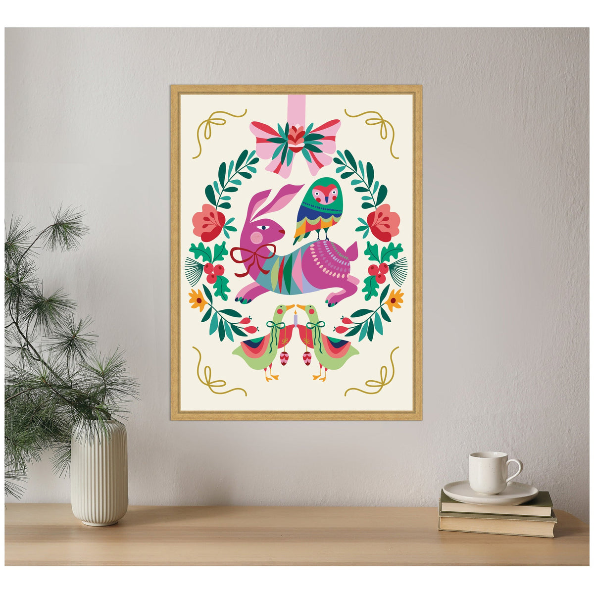 Sylvie Framed Canvas Woodland Animals Christmas Wreath by Rachel Lee