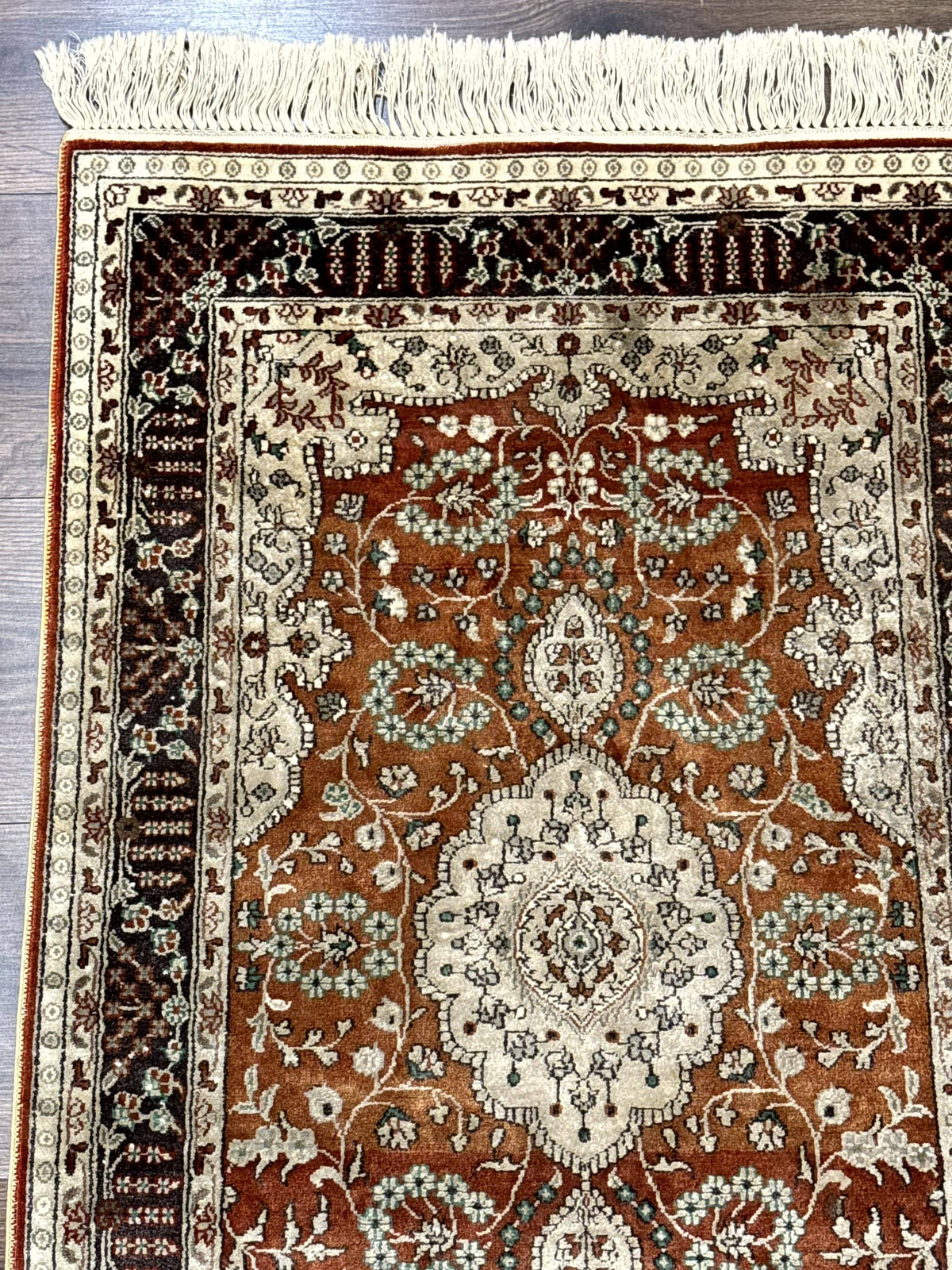 Turkish Silk Narrow Runner Rug 2 x 5.8, Very Fine 340 KPSI, Floral Medallions, Red - Jewel Rugs, view 7