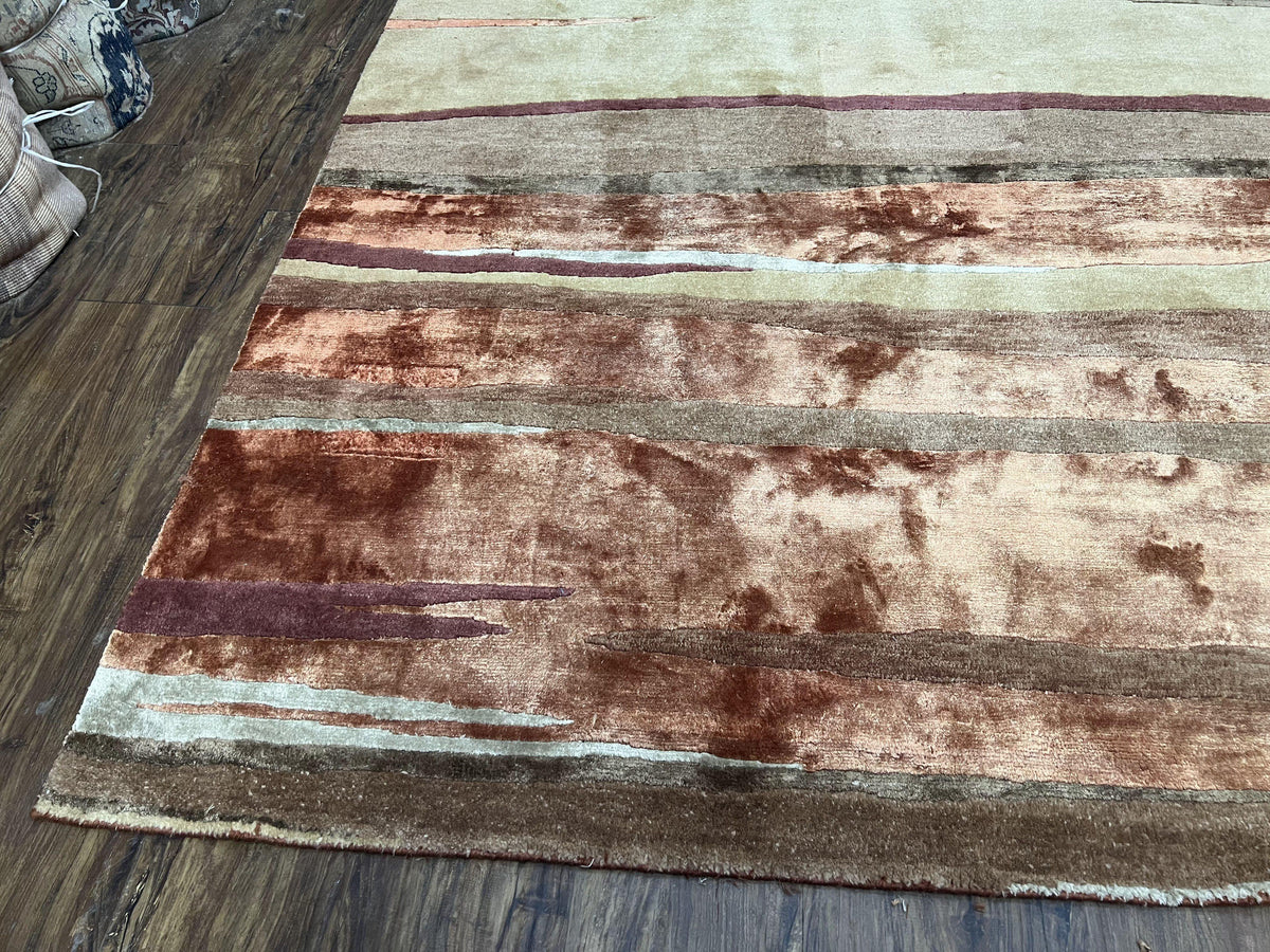 Modern Tibetan Rug 8x11 Nepali Carpet, Shiny Velvely Soft Wool and Silk, Contemporary Hand Knotted Rug, Striped Design, Wool Area Rug 8 x 11 - Jewel Rugs, view 9