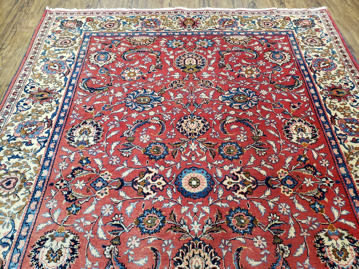 Semi Antique Persian Kashan, Red & Cream, Hand-Knotted, Wool, 4' 8" x 6' 6", Pair A - Jewel Rugs, view 5