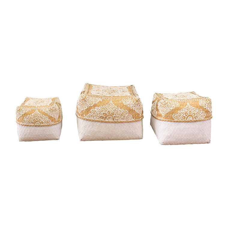 Set of 3 Rattan Boxes with Faded White Painting (L8x8 M6x6 S5x5) image 3