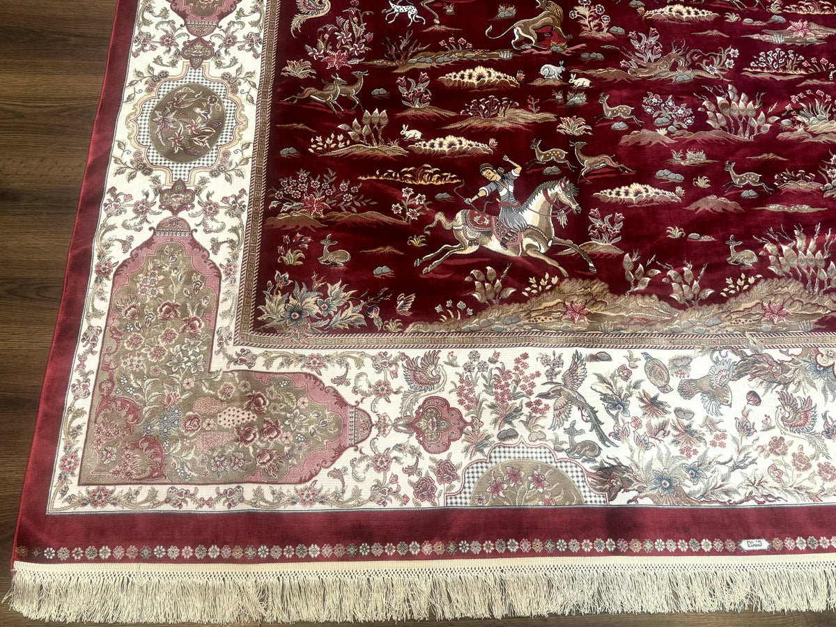 Turkish Silk Rug 8x10, Red & Ivory, Hunting Design, Bamboo Silk, New - Jewel Rugs, view 8