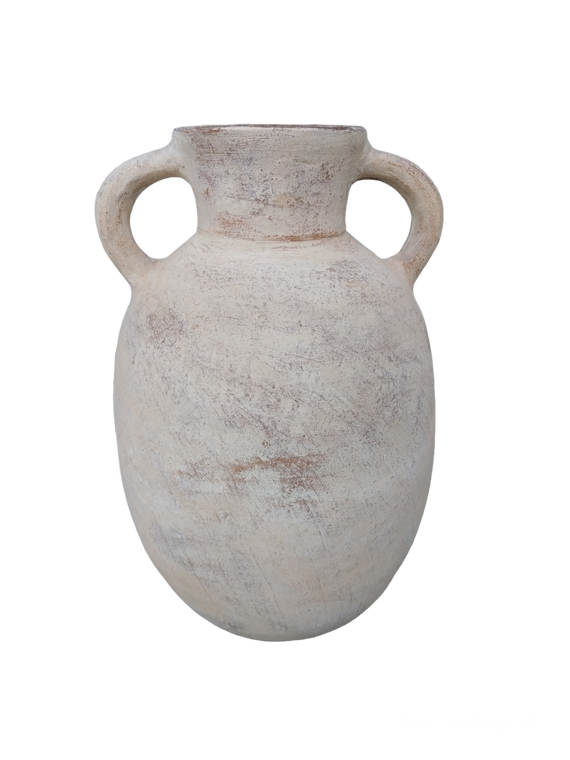 16" High Terracota Vase with Two Handles Distressed White image 3