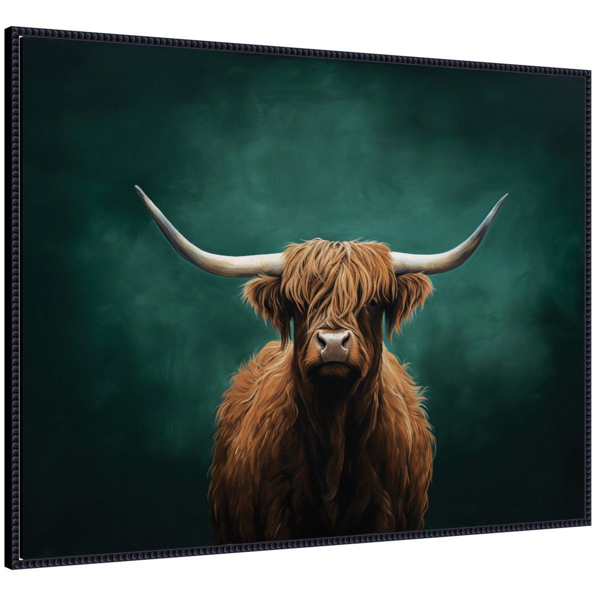 Highland Cow on Tonal Teal Green Abstract by The Creative Bunch Studio Framed Canvas Wall Art Print