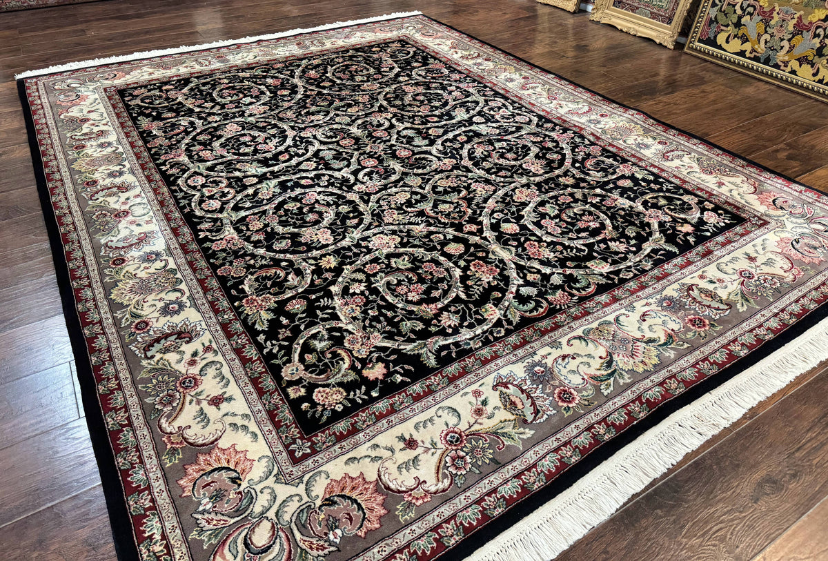 Black Pak Persian Rug 8x11, Floral Pattern, Hand Knotted Vintage Wool Rug with Silk Highlights, Fine 200 KPSI - Jewel Rugs, view 3