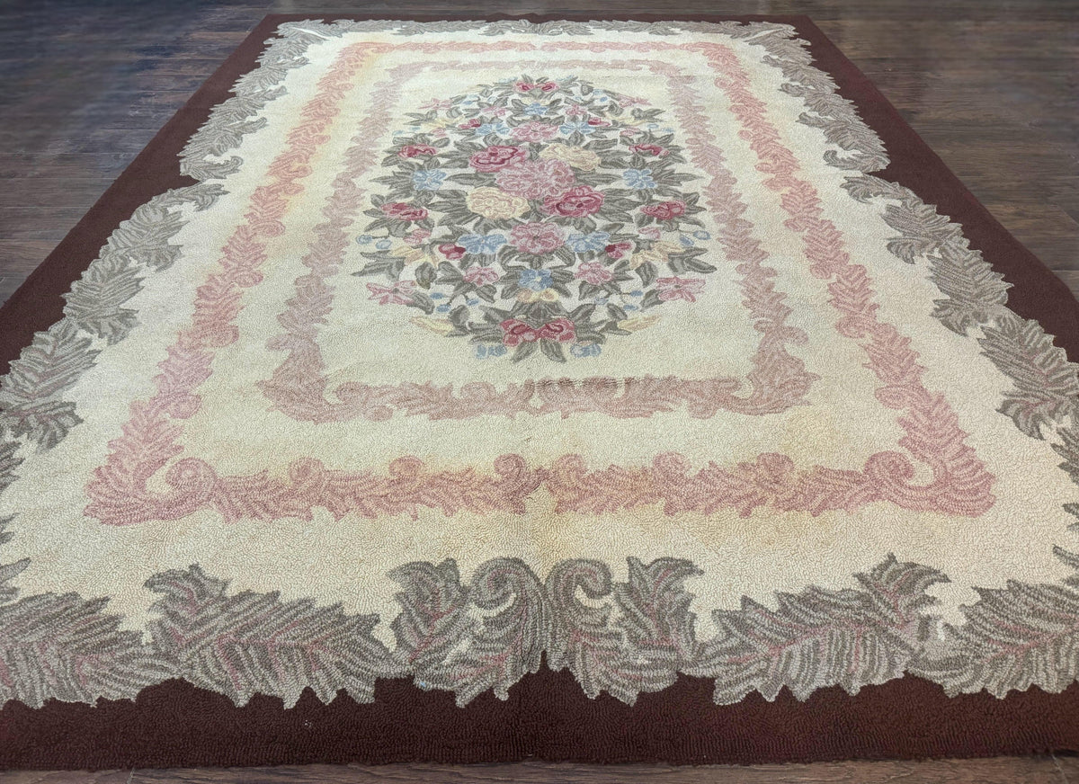 American Hand Hooked Rug 9x12, Vintage Aubusson Carpet, Wool - Jewel Rugs, view 3