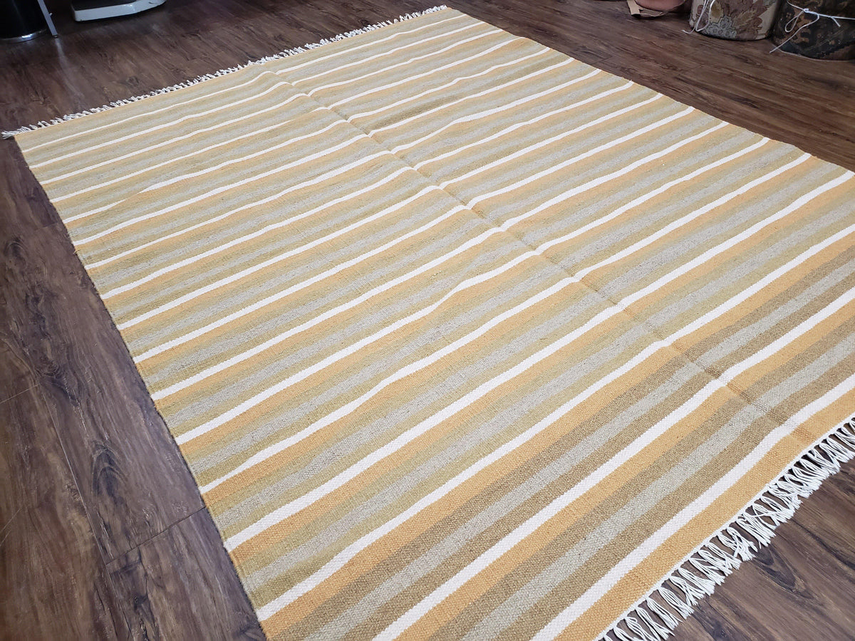 New Indian Kilim Area Rug, 6x8 - 7x8 South American Style Blanket, Striped Indian Wool Hand-Woven Flat Weave 6x9 Bedroom Rug, Ivory Ochre - Jewel Rugs, view 3